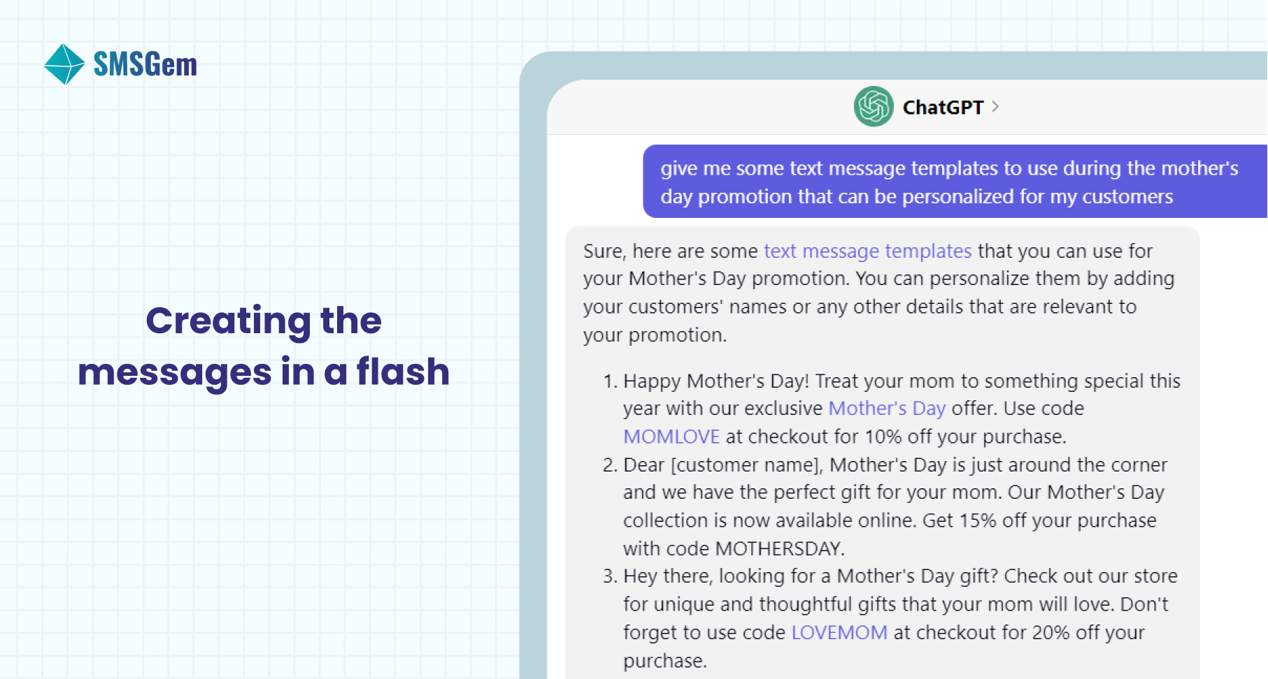 ChatGPT generates text templates for SMS Marketing
